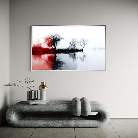 Abstract Tree Reflection Canvas Print Red Accent Landscape Art Minimalist Nature Wall Decor Modern Moody Lake Scene Ethereal Artwork