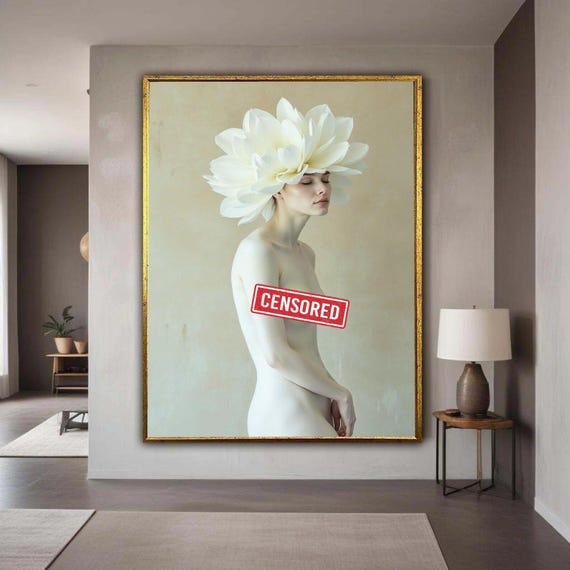 Ethereal Nude Woman With White Flower Hat Minimalist Portrait Canvas Contemporary Fine Art Soft Neutral Tones Gift Home Decor