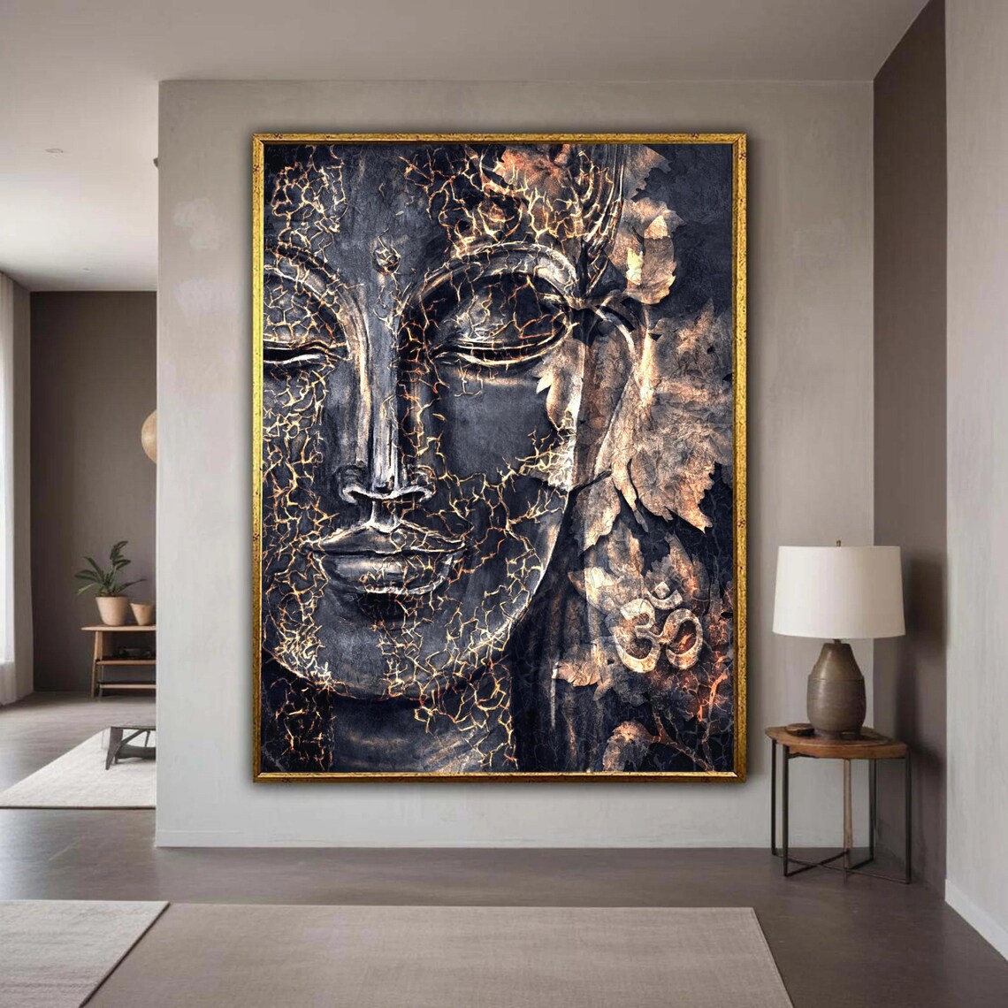 Cracked Buddha Face Gold Veins Om Symbol Zen Meditation Poster