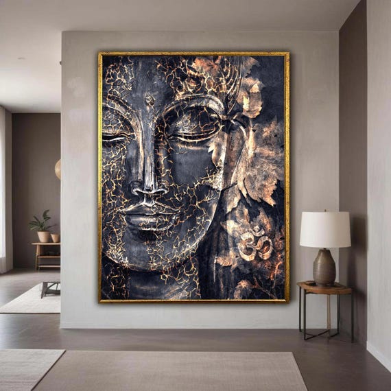 Serene Buddha Face Canvas Wall Art Cracked Meditation Decor Spiritual Zen Om Symbol Artwork Tranquil Home Gift