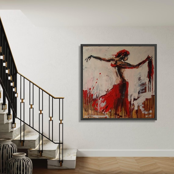 Passionate Flamenco Dancer Canvas Red Dress Abstract Art Modern Ballet Wall Decor Expressionist Dance Painting Gift Home