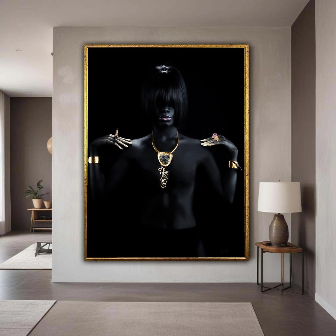 Black Silhouette Woman With Gold Jewelry Modern Fashion Art Poster