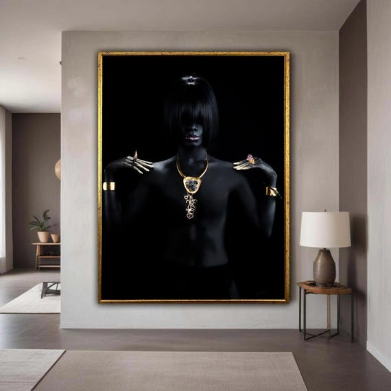 Elegant Black Silhouette With Gold Jewelry Canvas Modern Abstract Art Fashion Wall Decor Dark Minimalist Gift Home