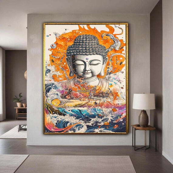Vibrant Buddha Emerging From Waves Canvas Print Modern Spiritual Art Dynamic Ukiyoe Style Ocean Decor Serene Cosmic Bodhisattva Gift