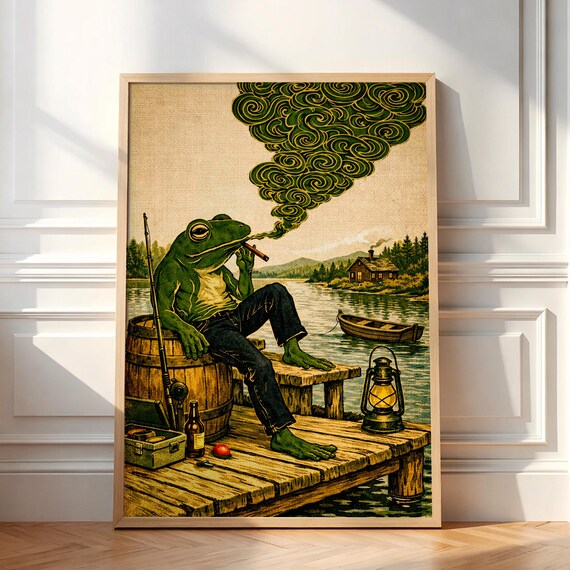 Smoking Frog Cigar Dock Fishing Retro Cabin Lake Vintage Poster