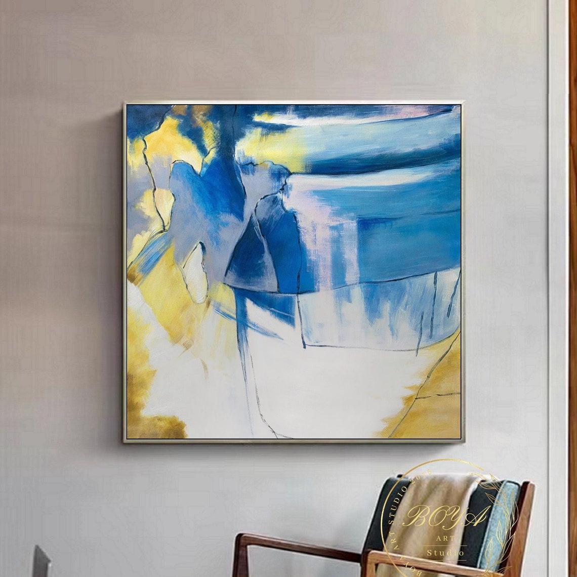 Blue Yellow White Flowing Water Waves Abstract Art Painting Poster