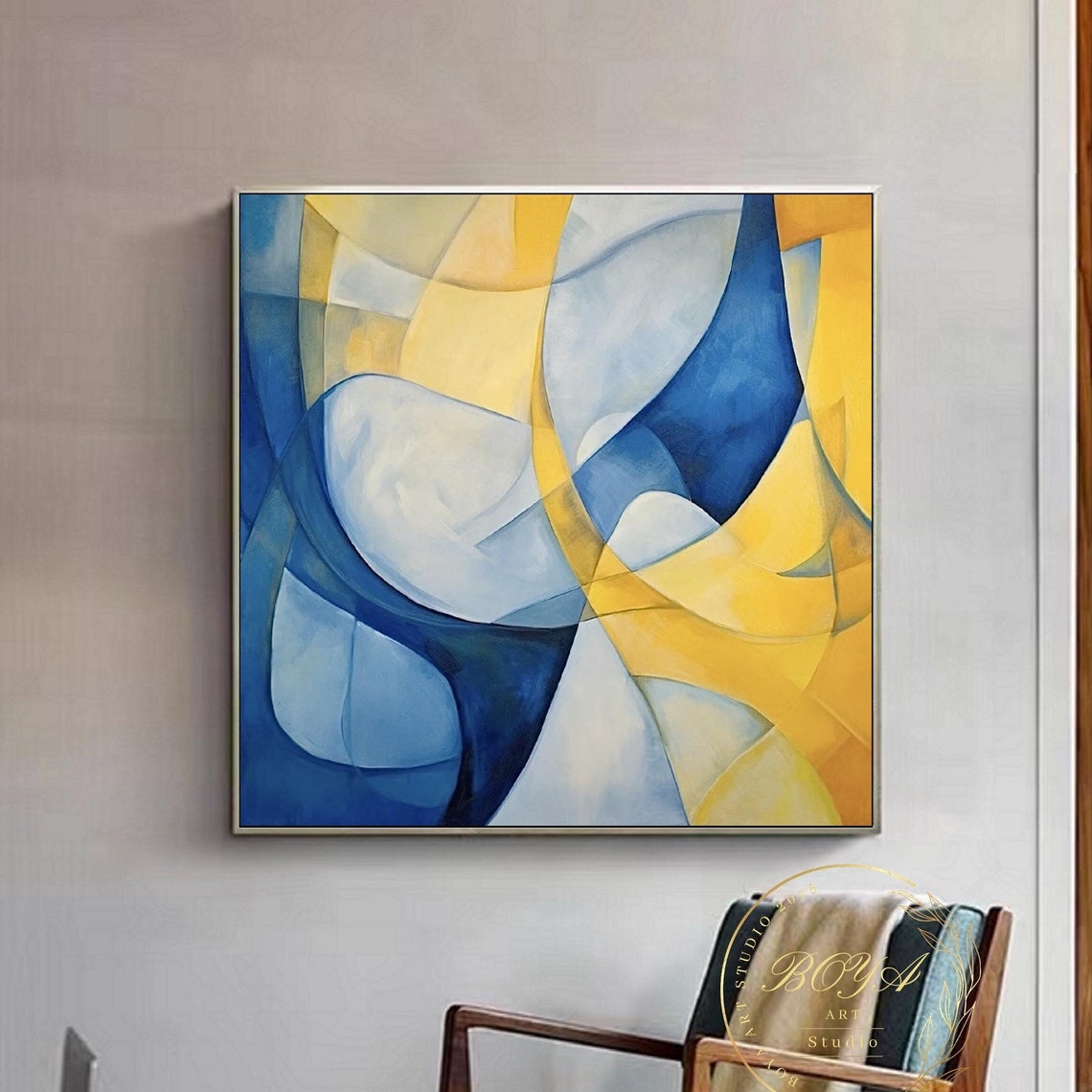 Flowing Curved Blue and Yellow Ribbon Abstract Painting Poster
