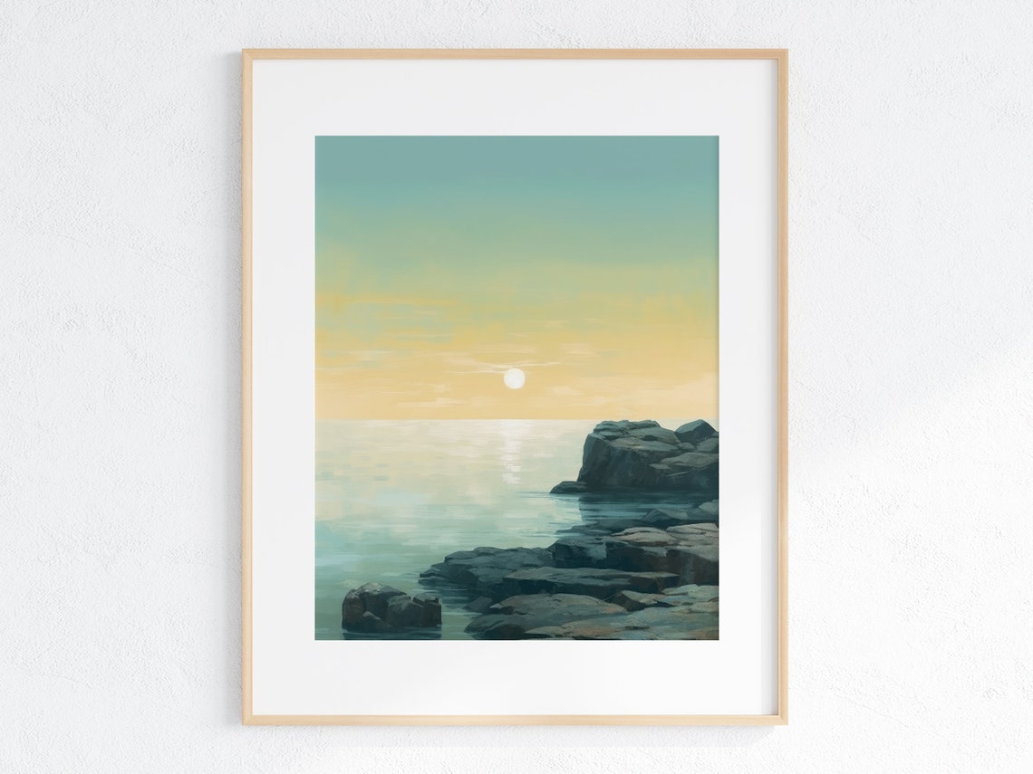 Coastal Sunrise Over Rocky Ocean Shoreline Seascape Art Poster