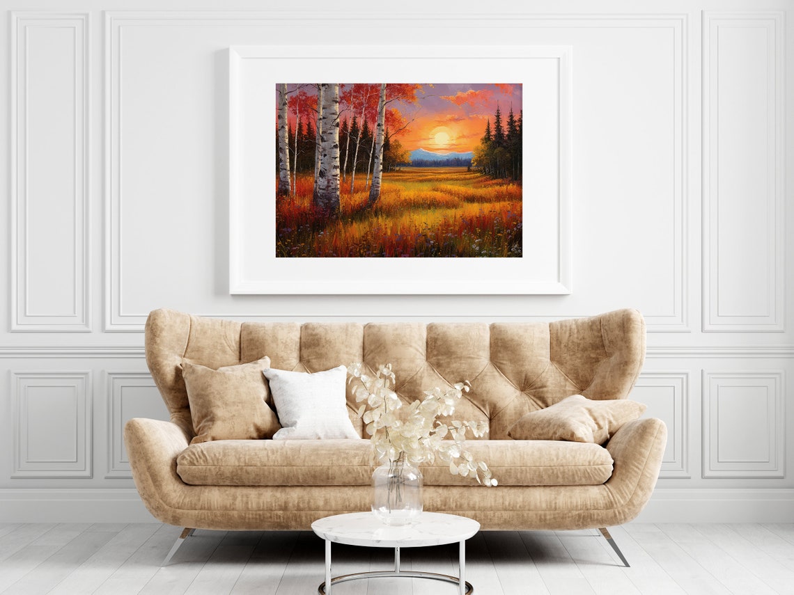 Fiery Autumn Birch Trees at Sunset Over Golden Meadow Poster - Image 5
