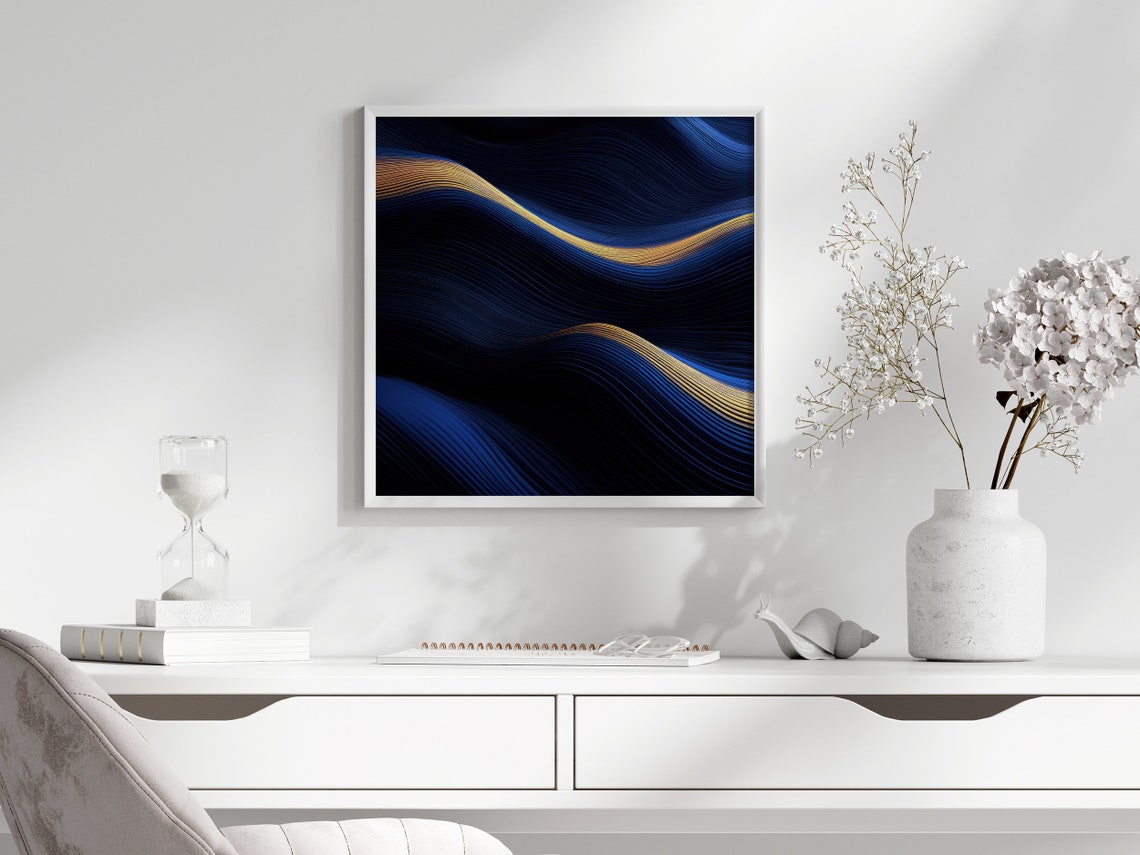 Transformative Modern Abstract Waves Instant Blue And Gold Geometric Wall Decor Art Print For Contemporary Art Loving Homes - Image 2