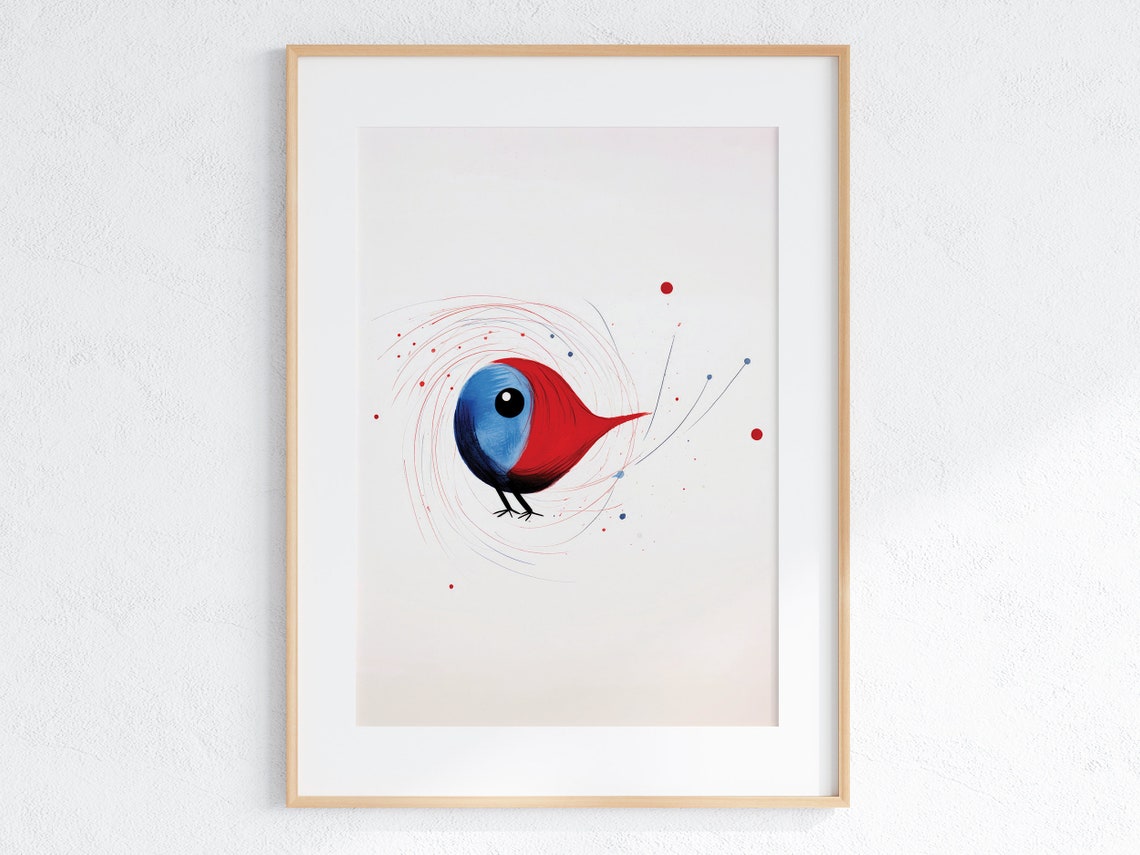 Abstract Red and Blue Round Bird in Swirling Lines Minimalist Poster