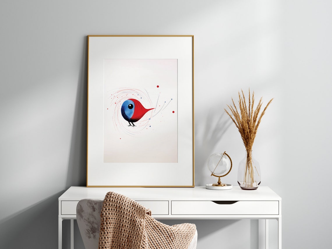 Abstract Red and Blue Round Bird in Swirling Lines Minimalist Poster - Image 4