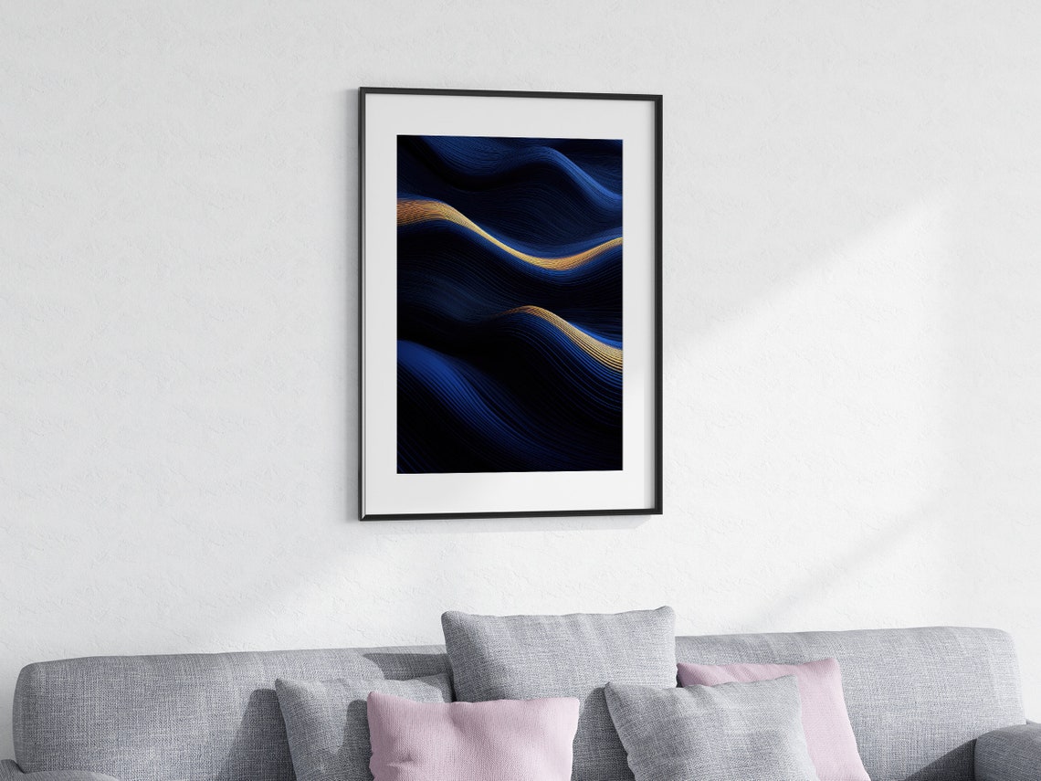 Midnight Navy Flowing Waves with Luminous Gold Lines Abstract Poster - Image 5