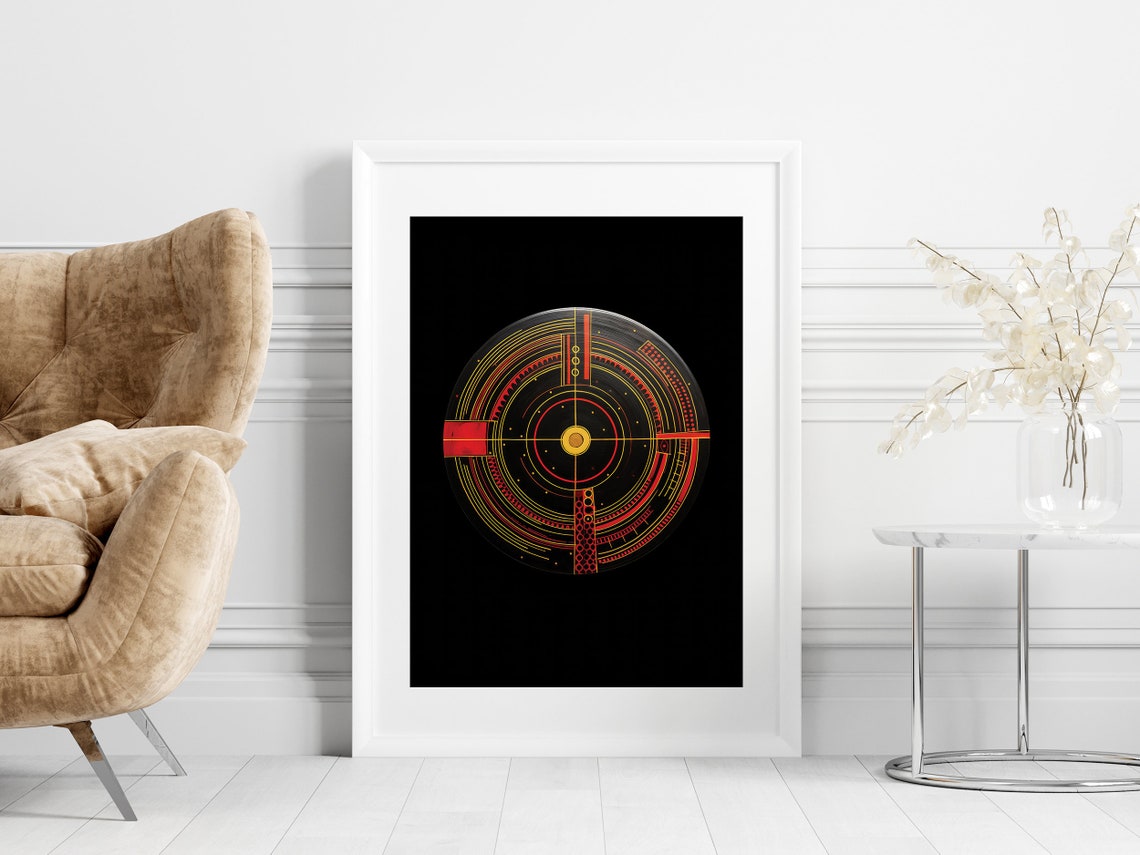 Vibrant Abstract Geometric Artwork Energetic Red Yellow Circle On Black Backdrop Modern Wall Decor Print - Image 2