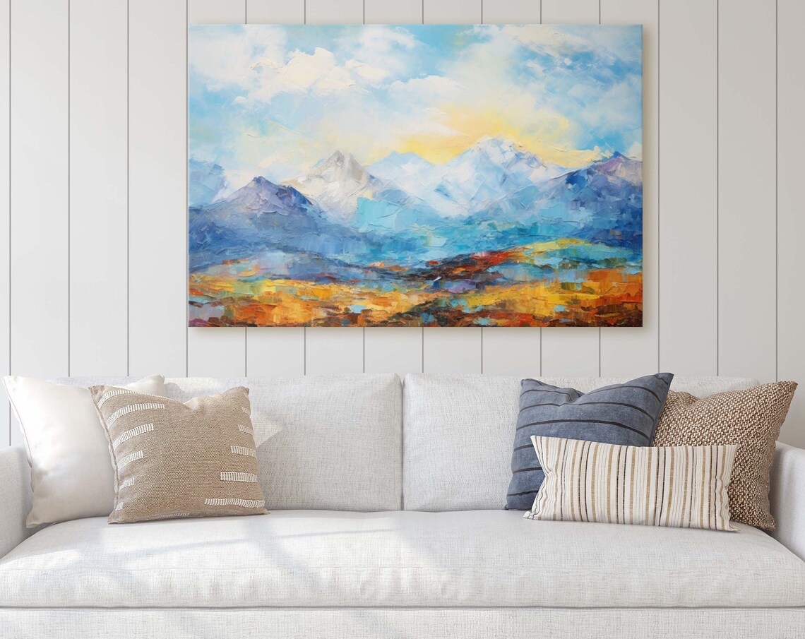 Impressionist Blue Mountains Golden Meadow Oil Painting Art Poster