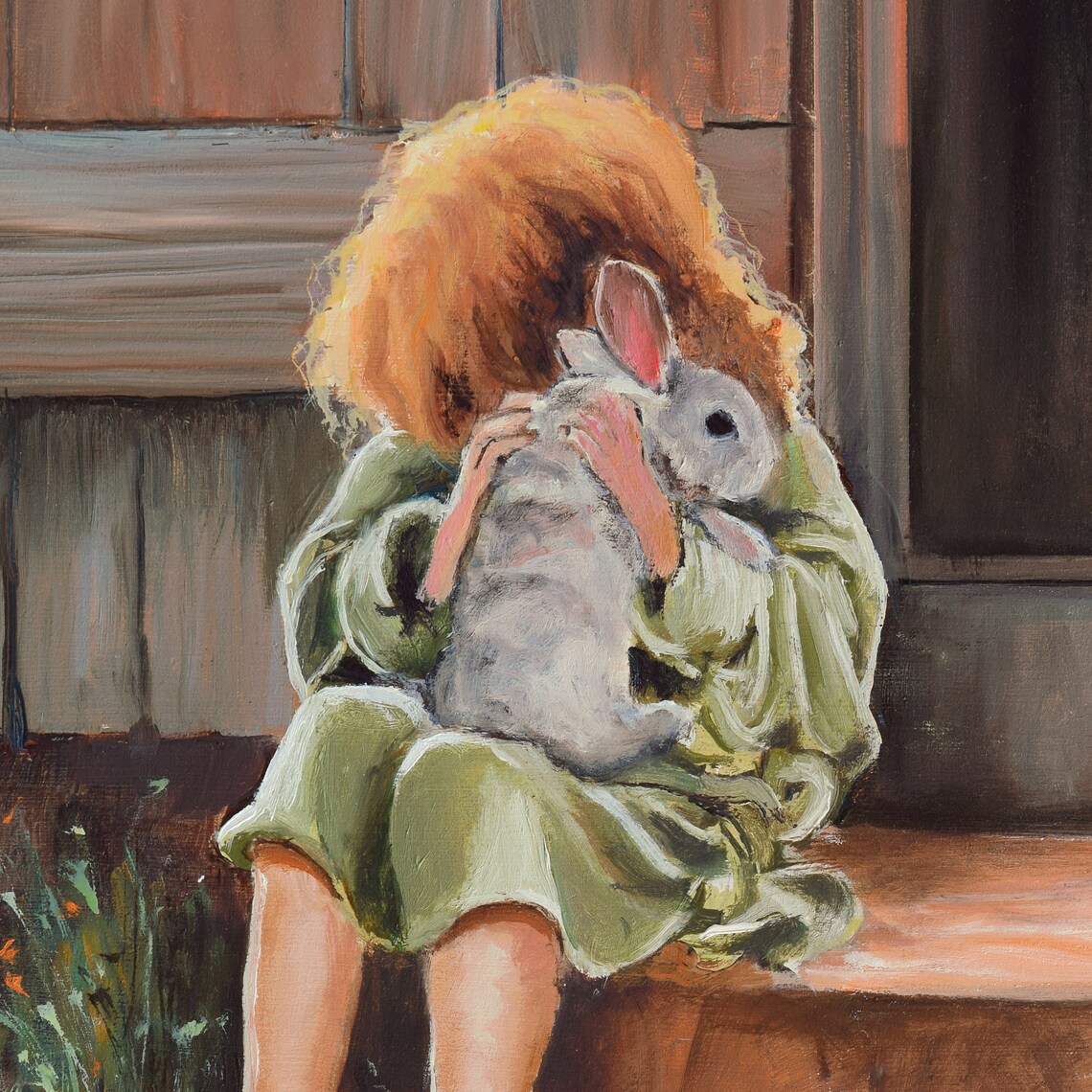 Little Girl with Curly Red Hair Cuddling a Rabbit on a Porch Poster - Image 5