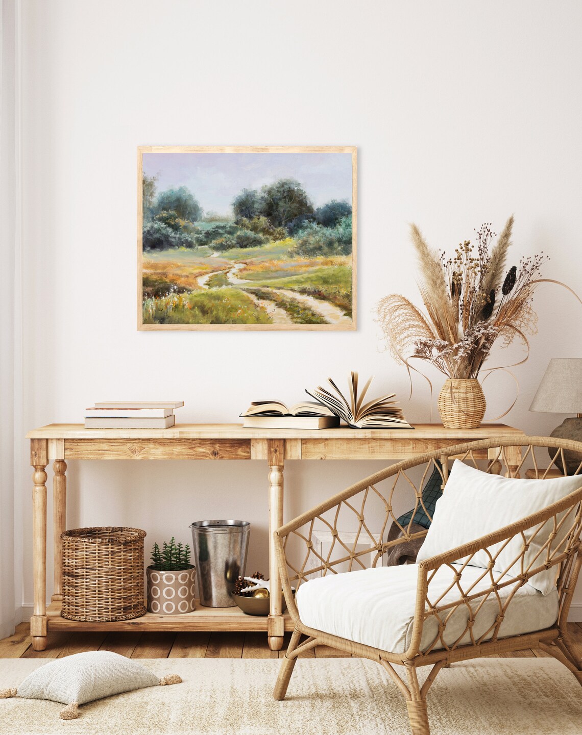 Winding Country Road Through a Soft Sunlit Summer Meadow Poster - Image 3