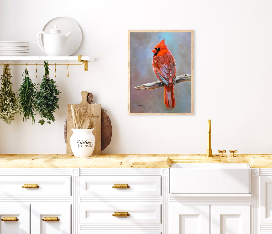 Red Northern Cardinal On Branch Realistic Bird Oil Painting Poster - Image 3