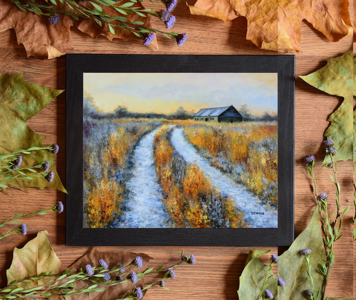 Snowy Farm Road Winter Landscape Oil Painting With Old Barn Poster - Image 5
