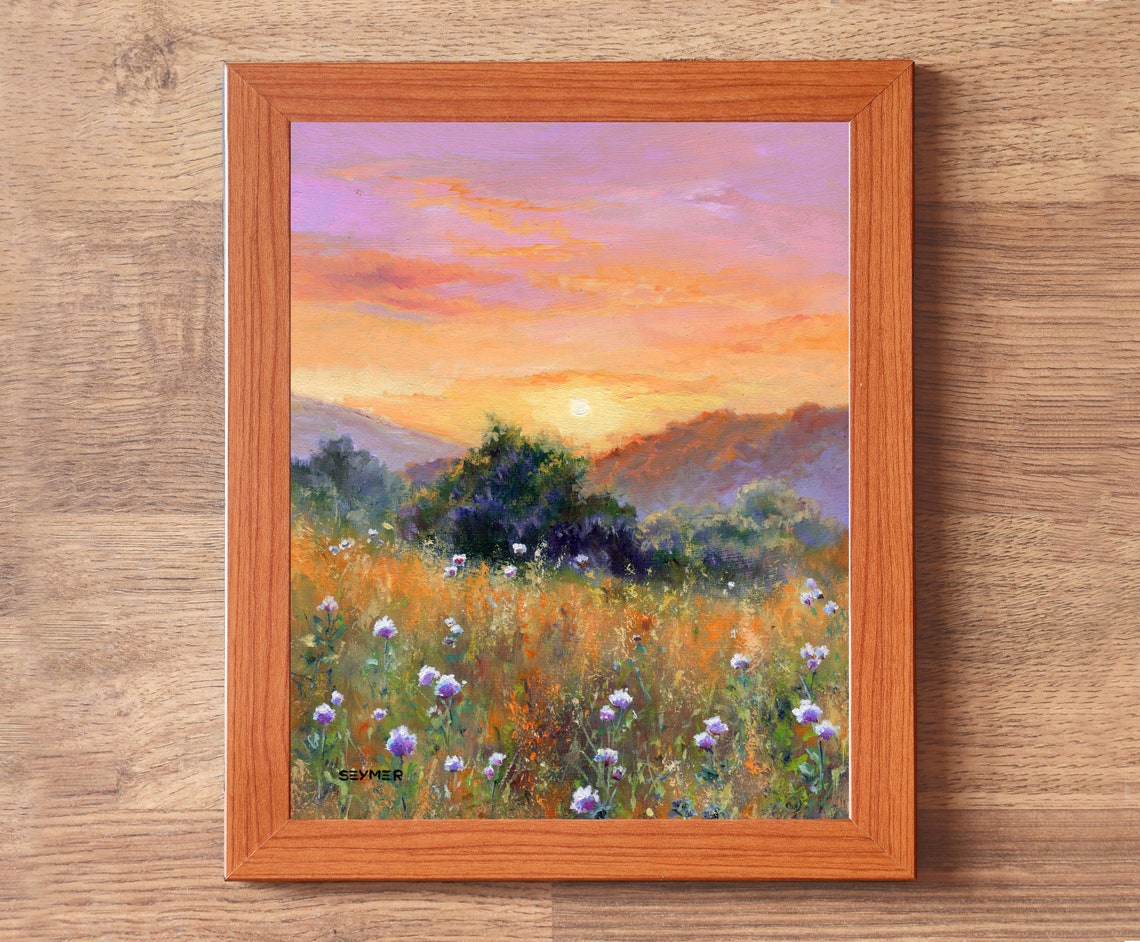 Summer Wildflower Meadow Sunset Landscape Oil Painting Poster - Image 3