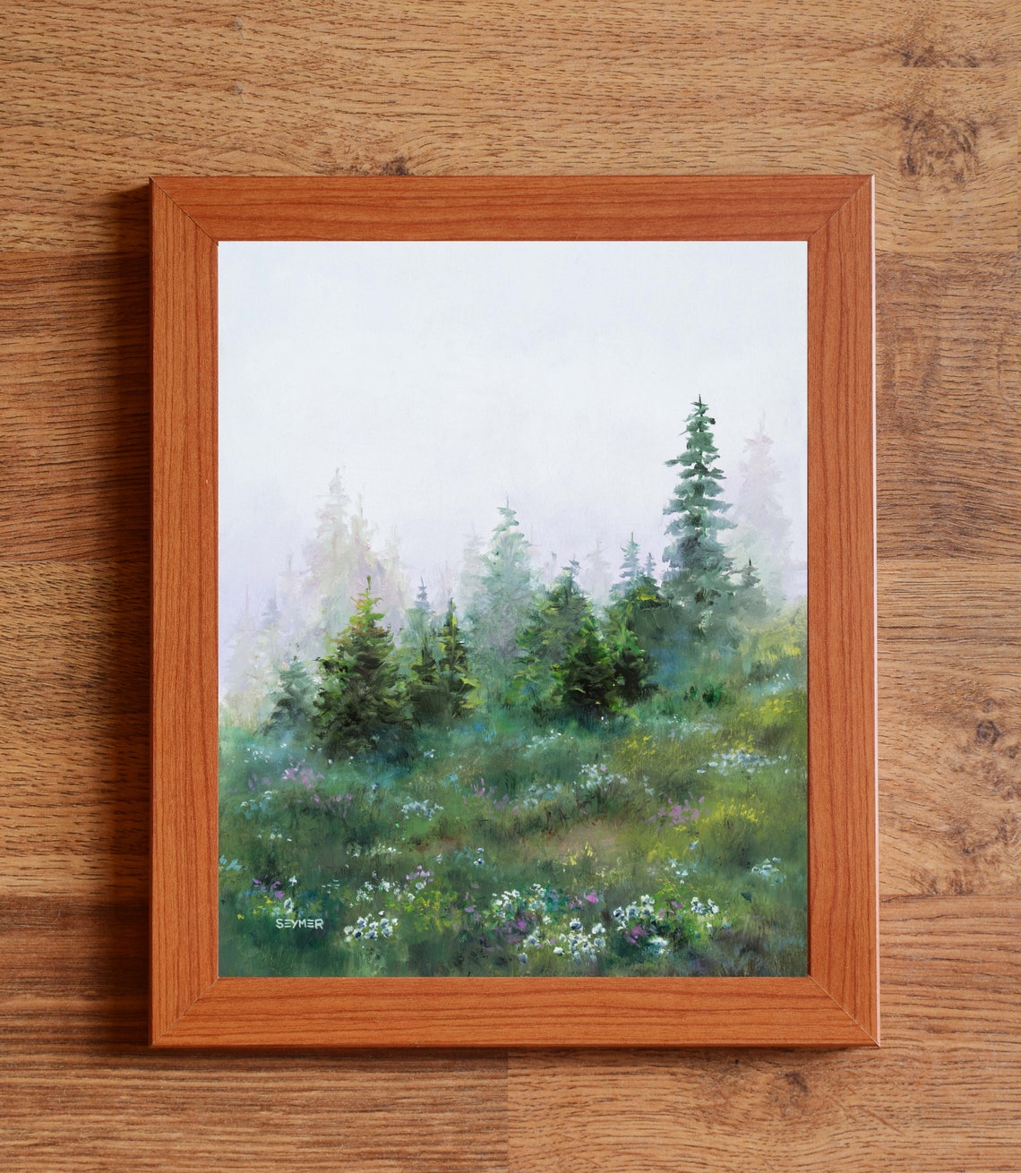 Foggy Trees Painting Original Misty Green Landscape Fir Trees Fog Neutral Living Room Decor Wall Art Moody Landscape Farmhouse Kitchen Art - Image 2