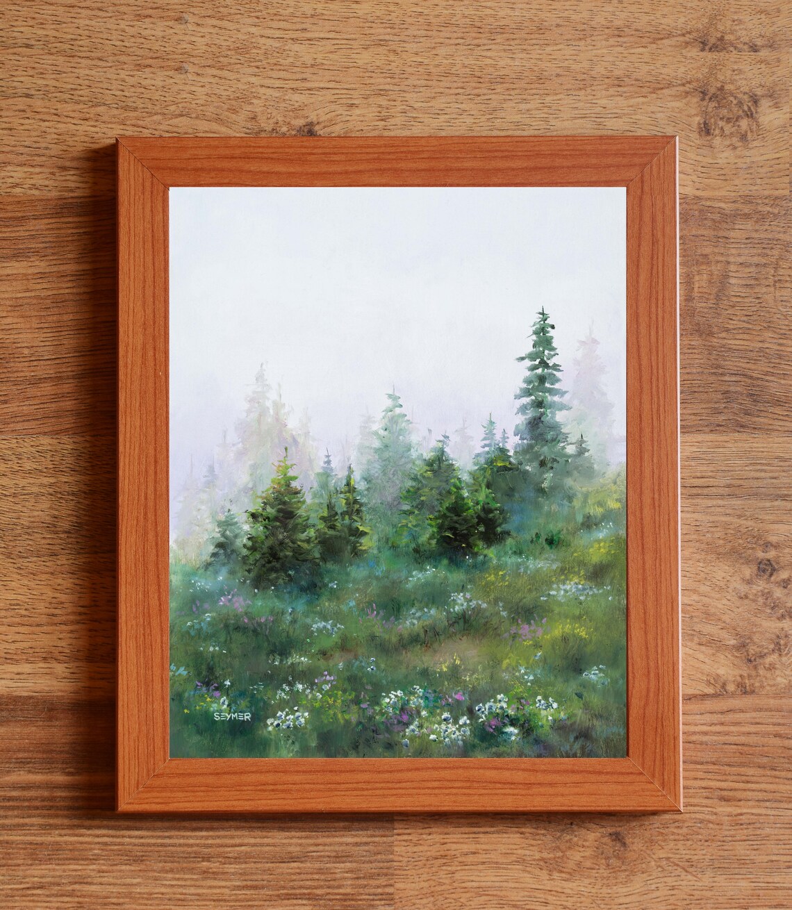 Misty Foggy Pine Forest Landscape Oil Painting Soft Green Tones Poster - Image 2