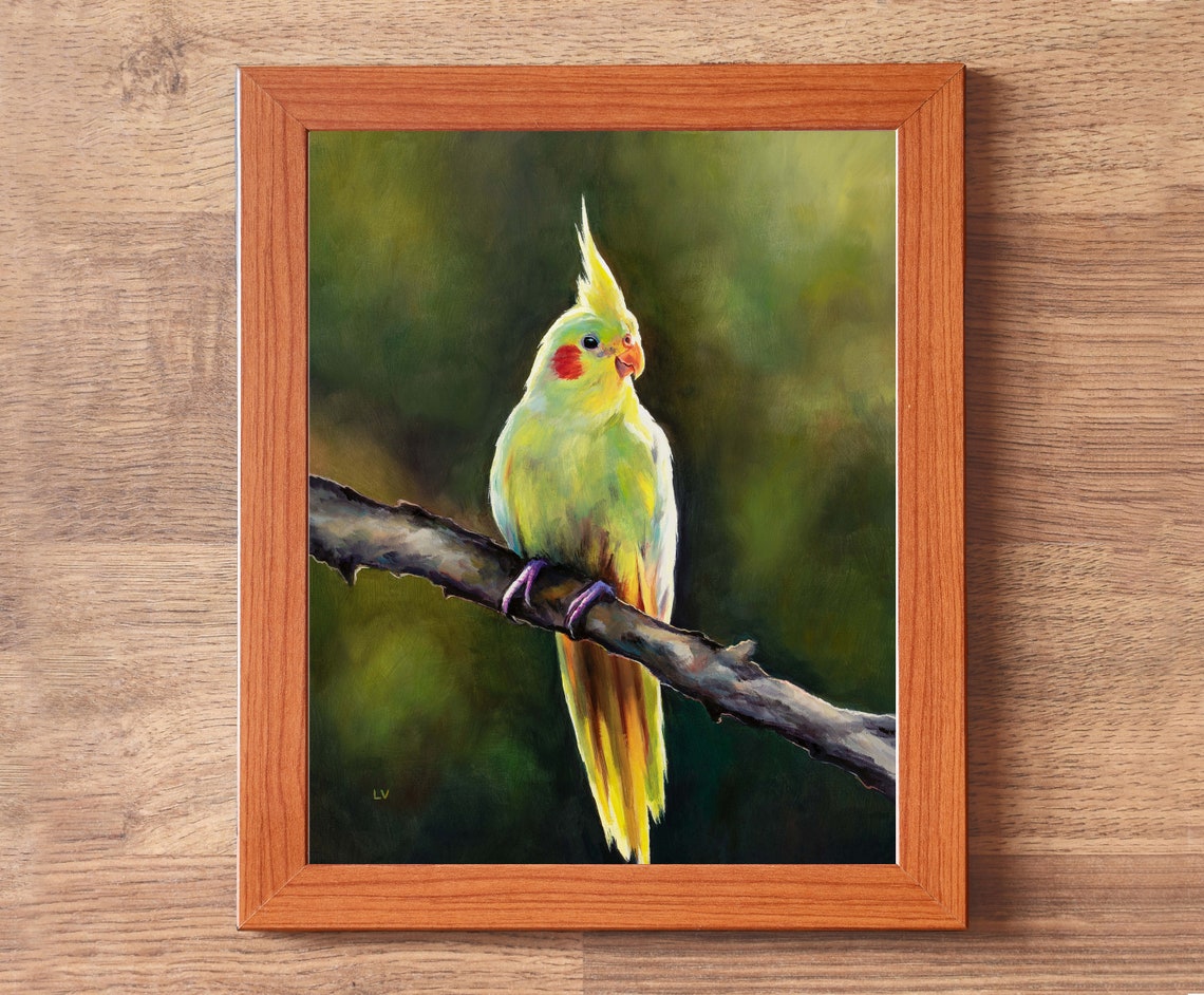 Lutino Cockatiel Parrot Perched on a Branch with Yellow Crest Poster