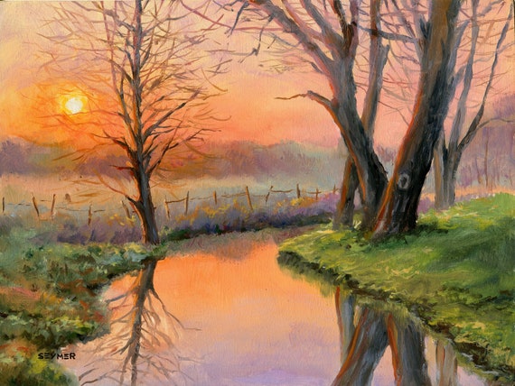 River Sunset Landscape Art Print, Farmhouse Decor