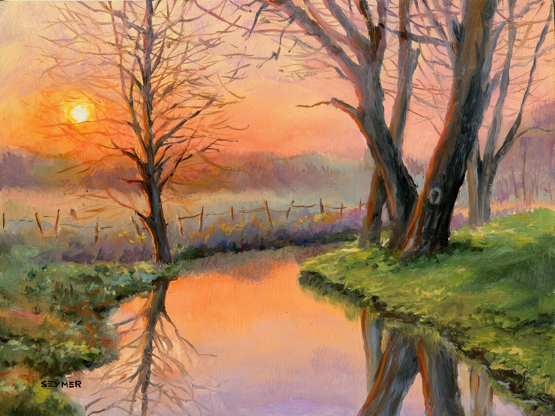 River Sunset Landscape Art Print, Farmhouse Decor
