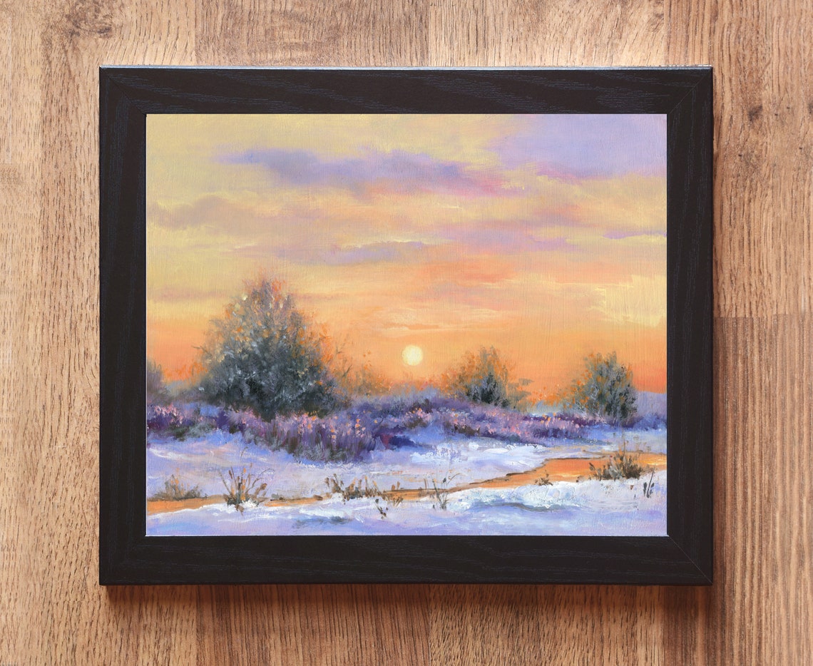 Winter Moody Landscape Original Oil Painting Snowy Frozen River Artwork Ligth Sunrise Painting Soft Tones Snowscape Misty Nature Morning - Image 6