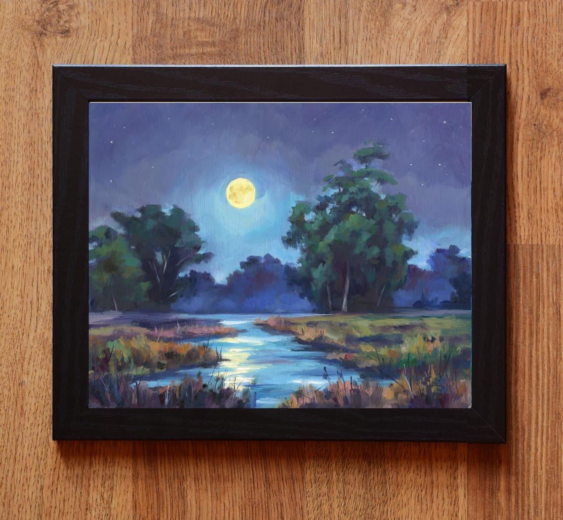 Glowing Full Moon Rising over a Quiet River on a Starry Night Poster