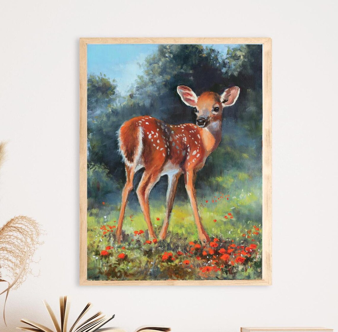 Baby Fawn Red Flowers Spring Forest Wildlife Nursery Oil Painting Poster