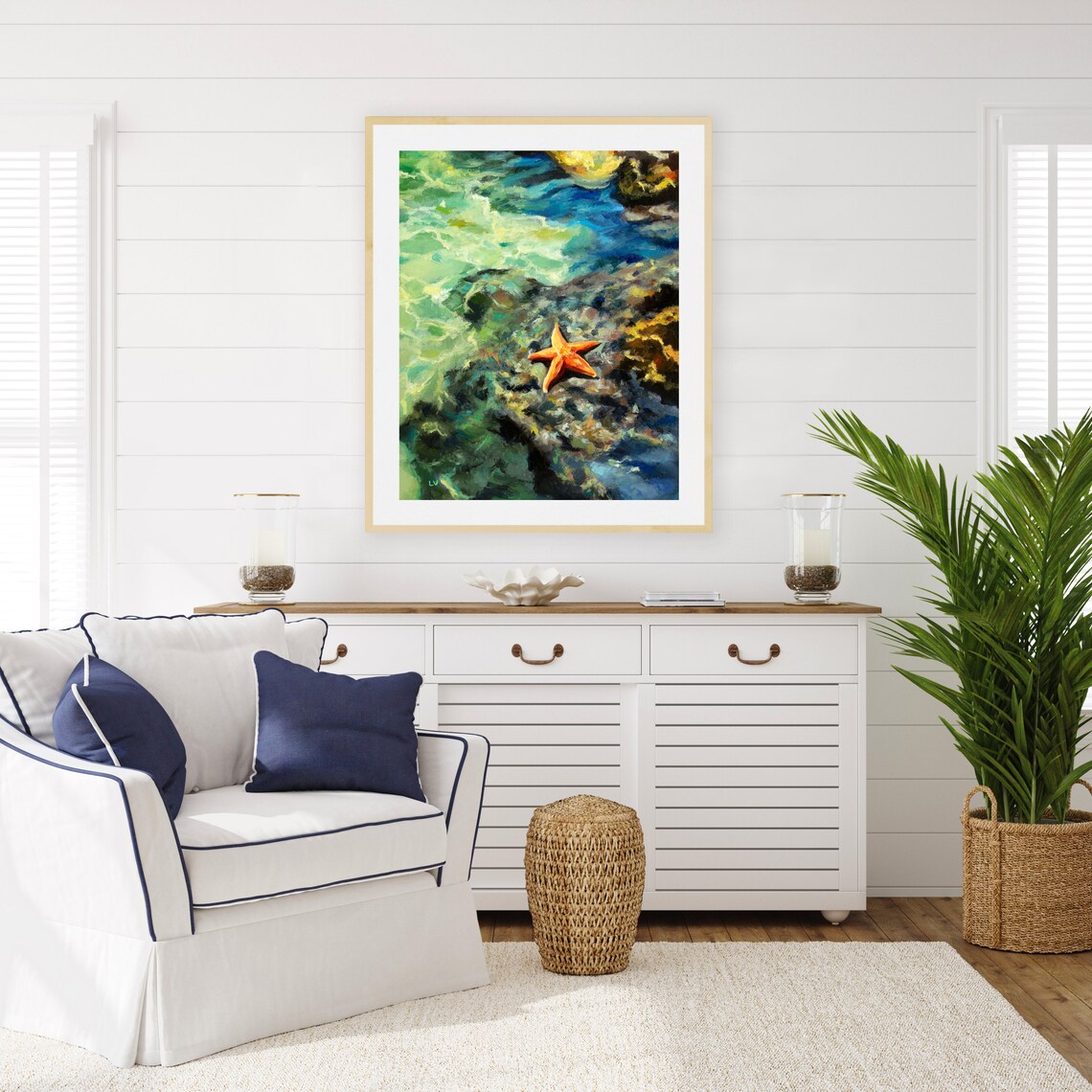 Orange Starfish On Rocks Ocean Oil Painting With Turquoise Sea Poster - Image 5