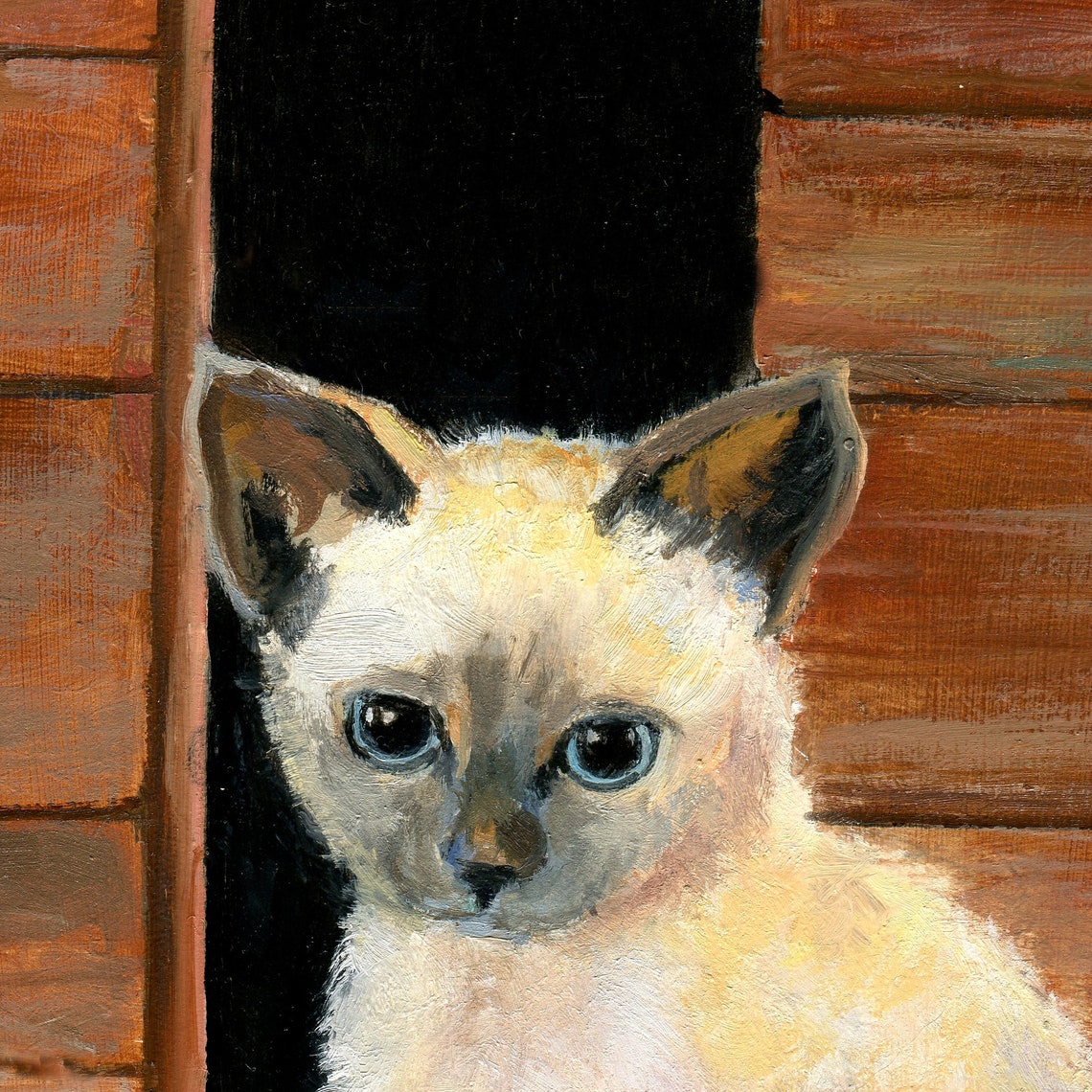 Cream Kitten with Blue Eyes Peeking from a Wooden Barn Door Poster - Image 5