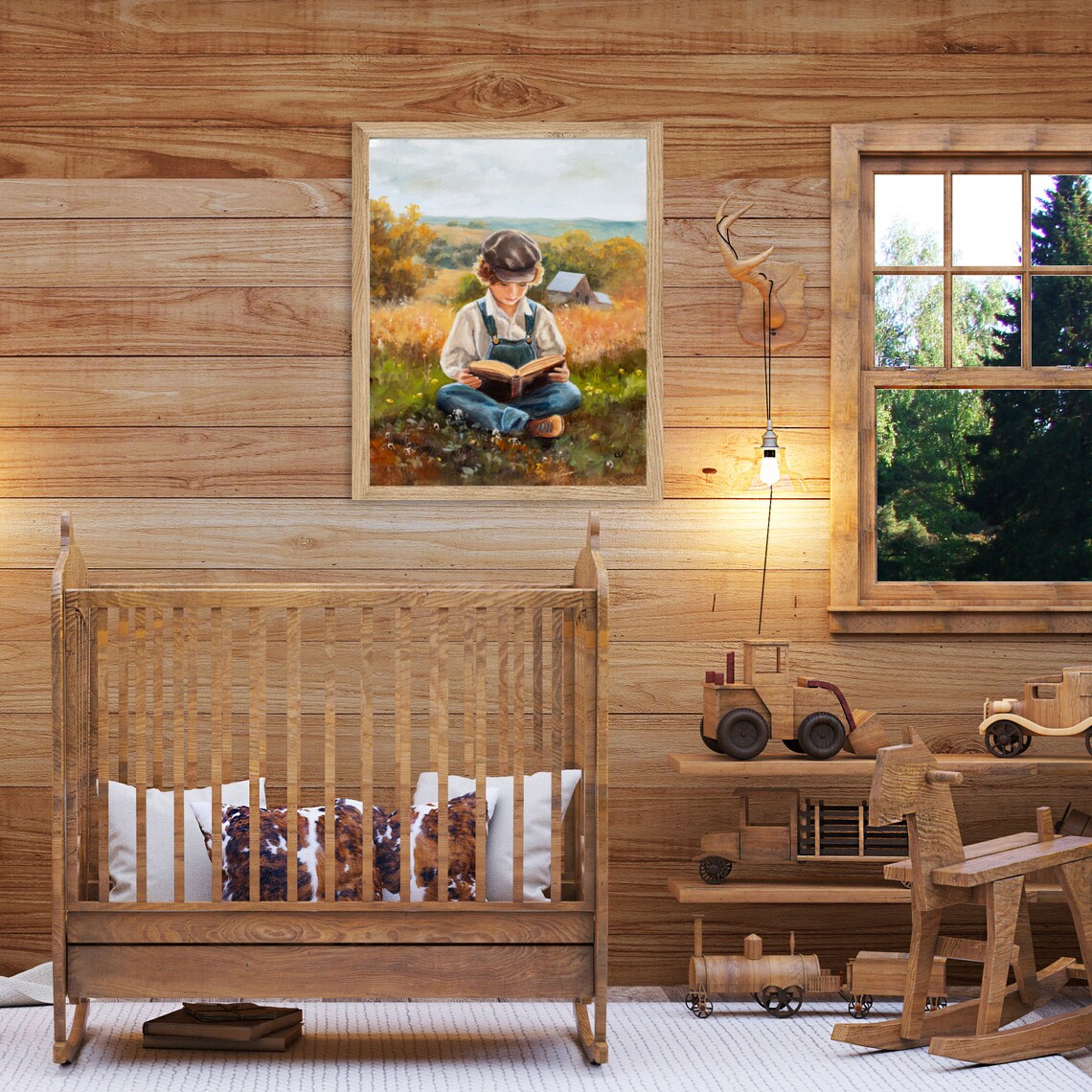 Country Boy Reading Book Golden Autumn Field Farm Oil Painting Poster - Image 6
