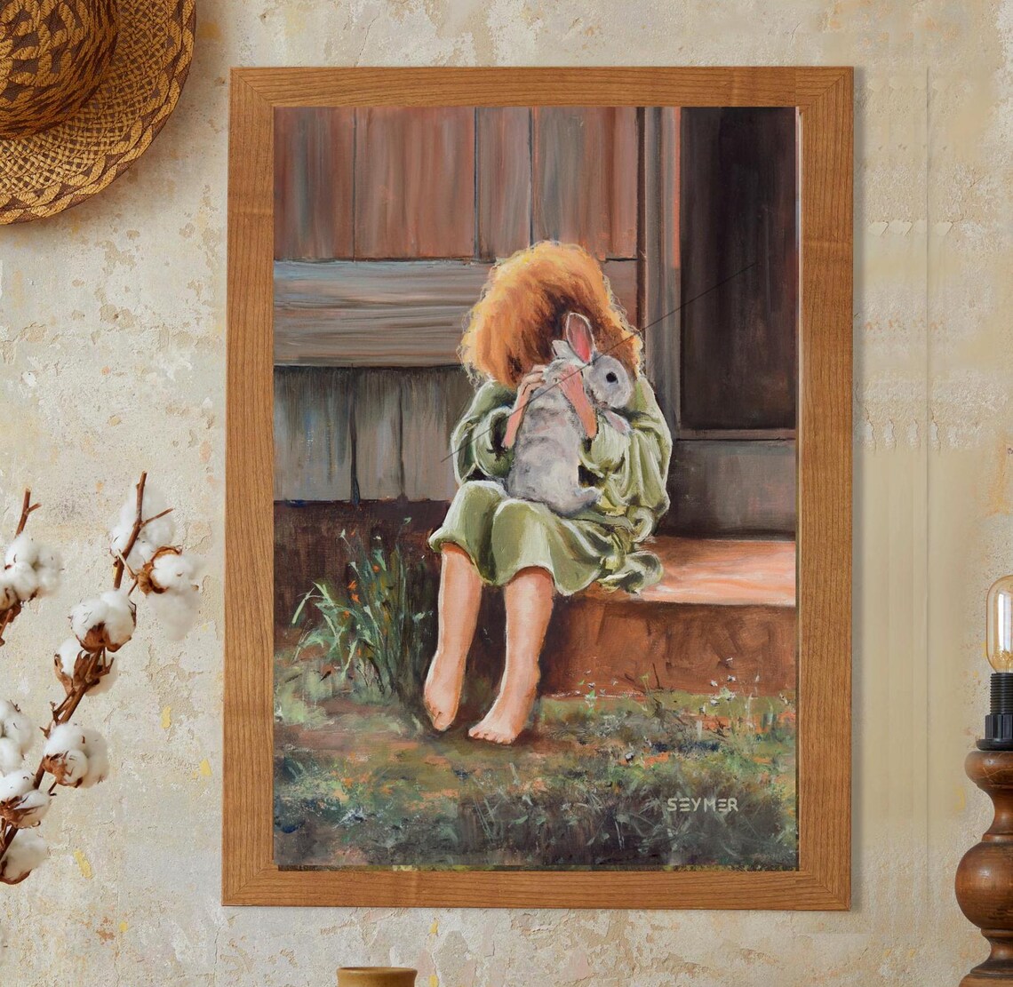 Little Girl Holding Rabbit Farmhouse Oil Painting Childhood Art Poster