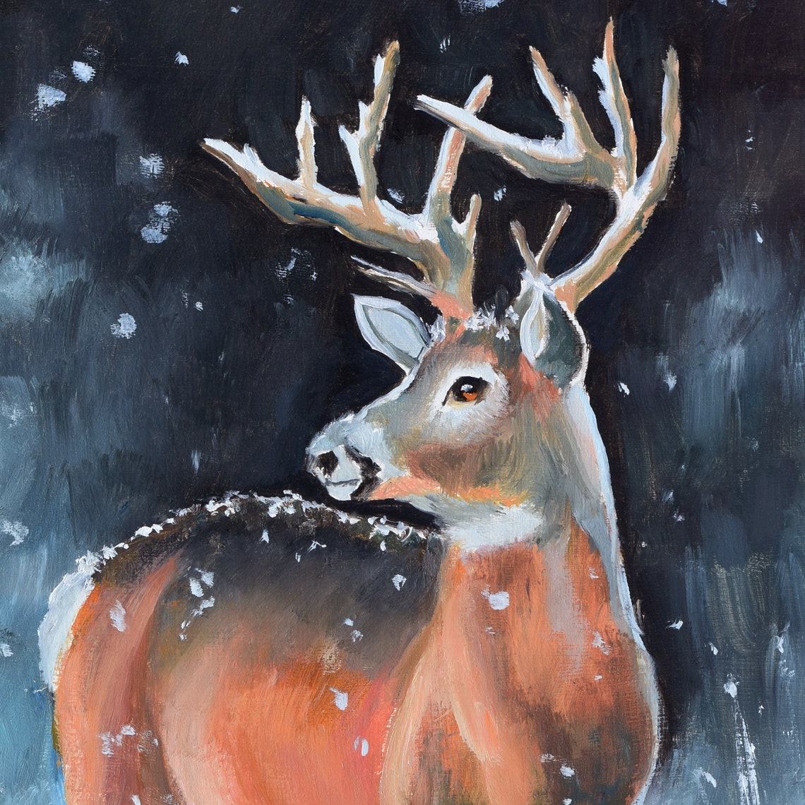 Whitetail Buck Looking Back Through Snowy Night Woods Poster - Image 2