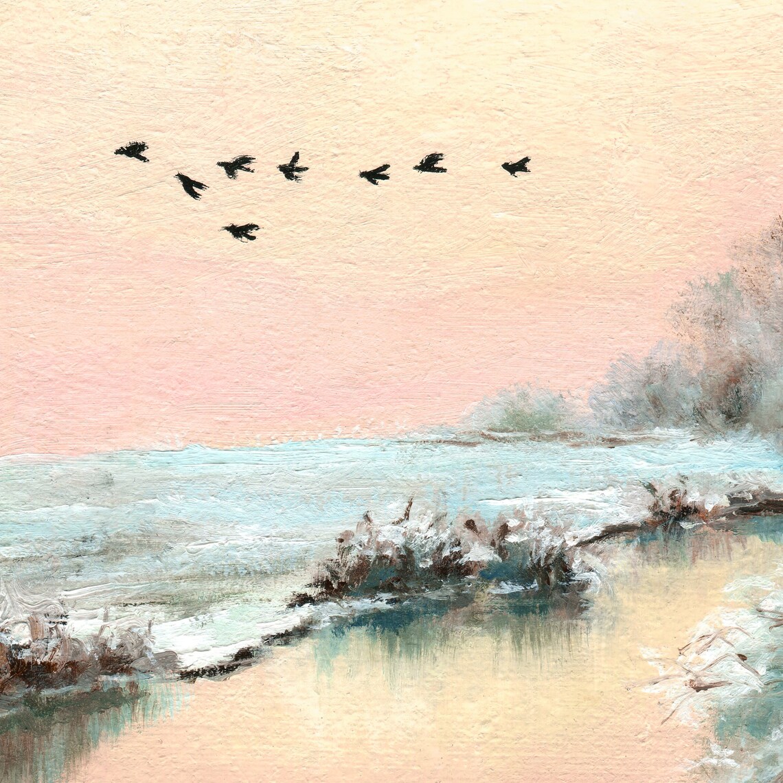 Flock of Birds Flying Over a Frosty Winter River at Sunrise Poster - Image 6