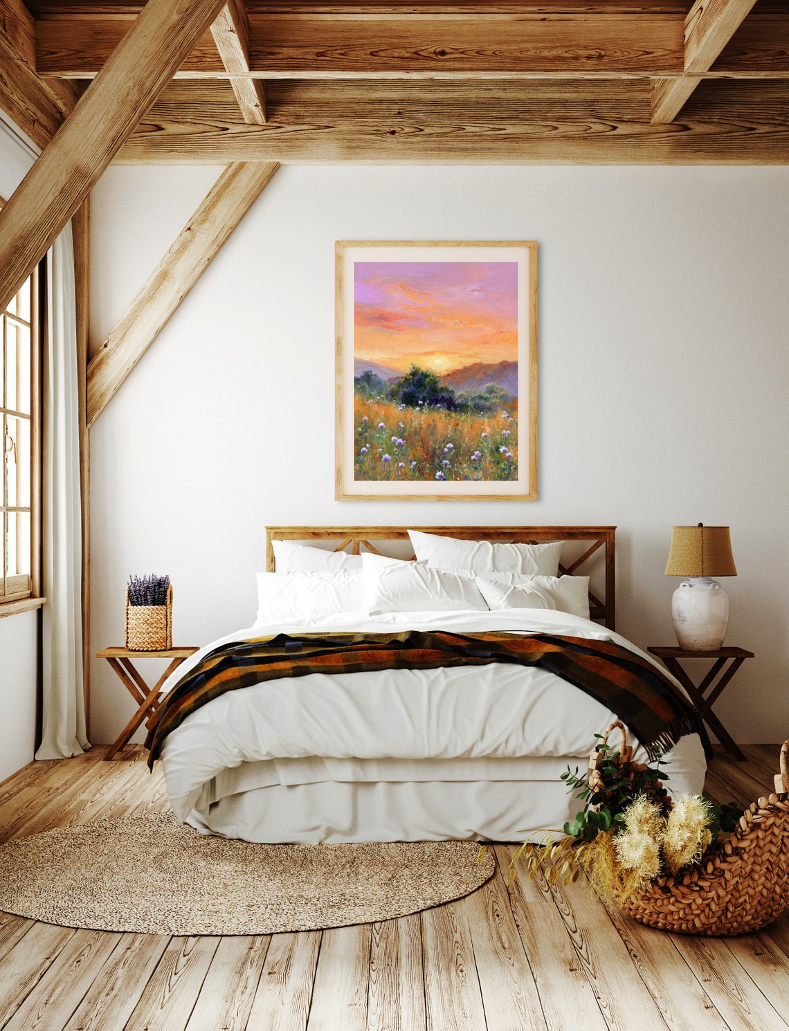 Summer Wildflower Meadow Sunset Landscape Oil Painting Poster - Image 2