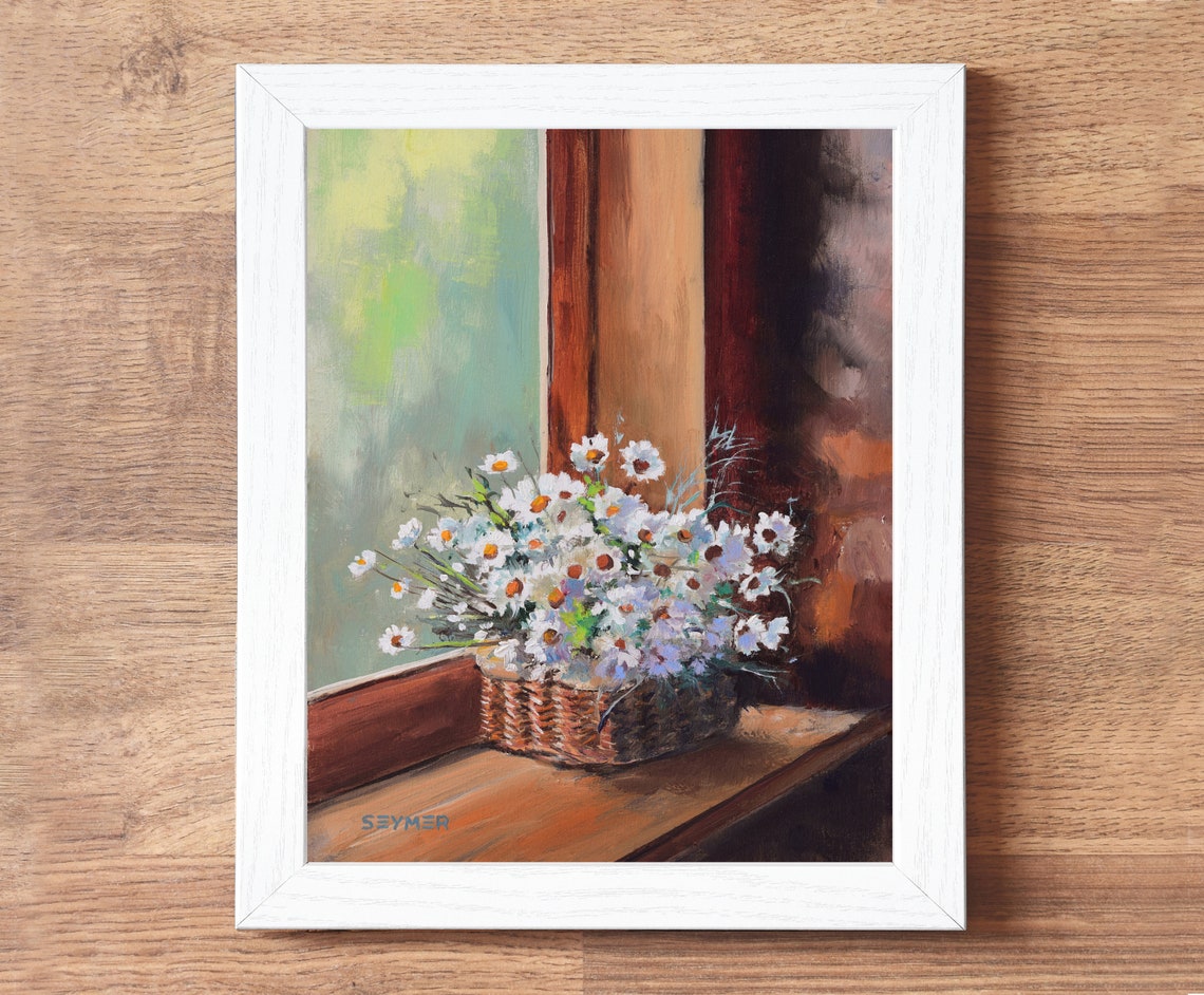 Woven Basket of White Daisies on a Rustic Wooden Table Poster - Image 3