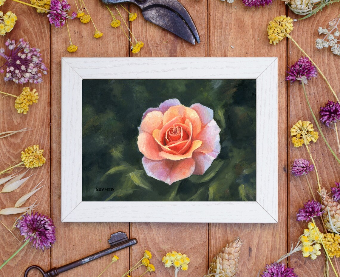 Peach Rose Bloom Close-Up Still Life Floral Oil Painting Poster - Image 4