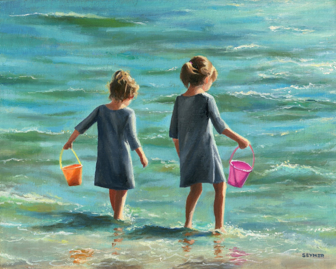 Two Little Girls Wading into the Sea with Colorful Buckets Poster