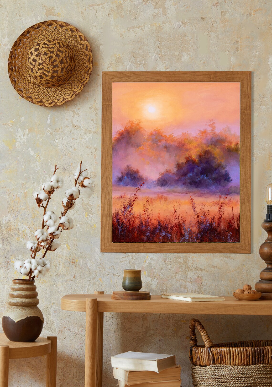 Misty Morning Grassland Peach Sunrise Foggy Meadow Oil Painting Poster - Image 5