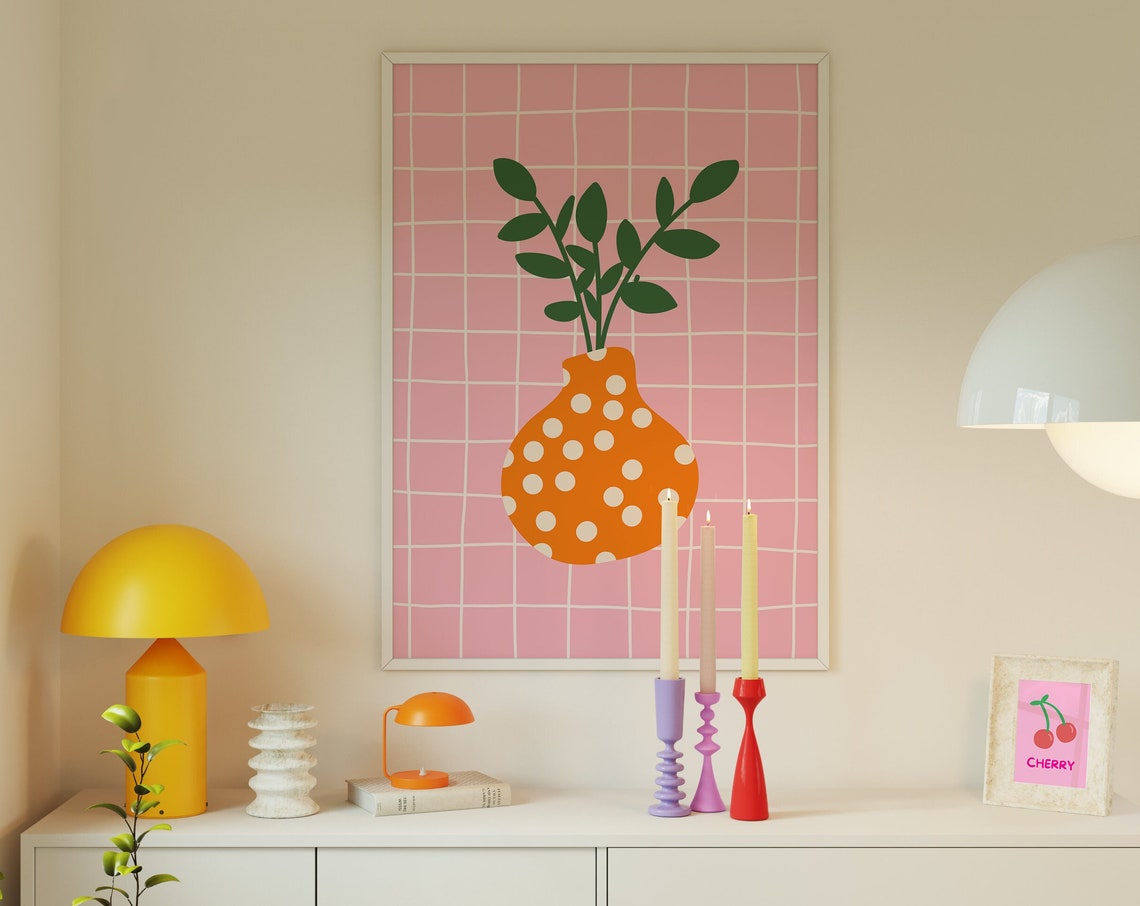 Orange Polka Dot Flower Vase Green Stems Pink Grid Art Print - Image 6