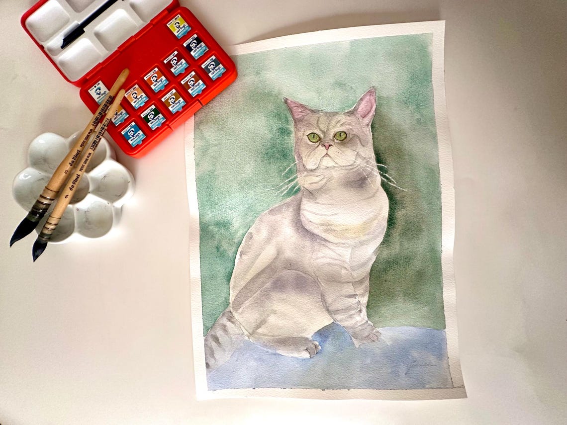 Silver Grey Cat with Green Eyes Watercolor Pet Portrait Poster - Image 5