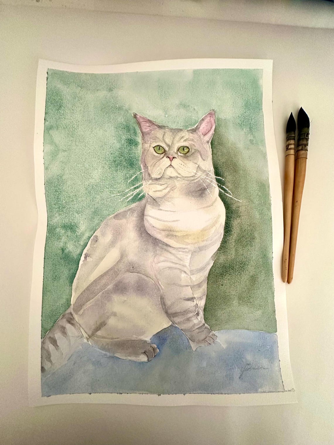 Silver Grey Cat with Green Eyes Watercolor Pet Portrait Poster