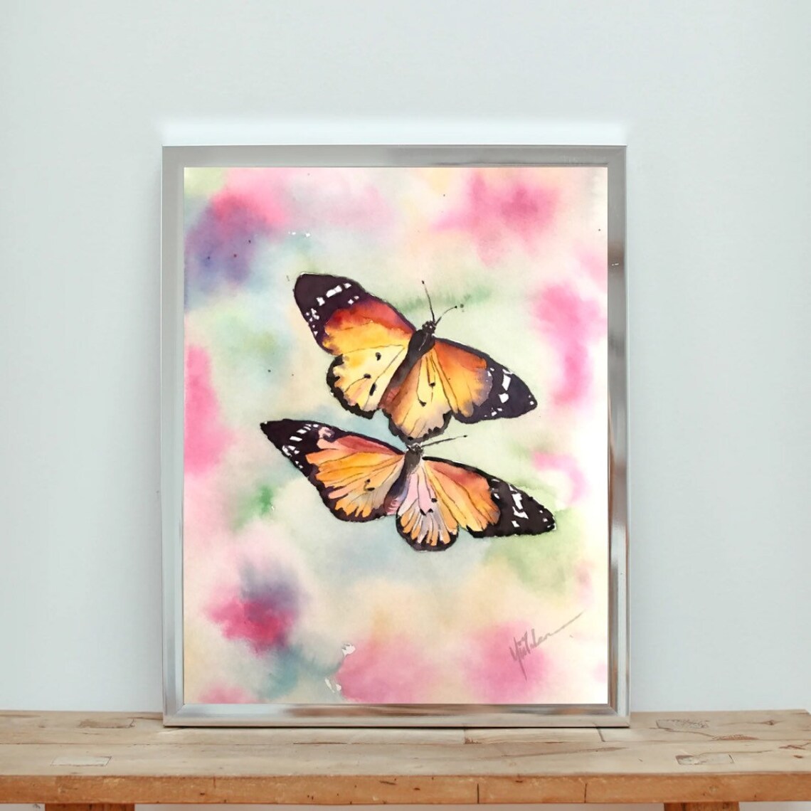 Pair of Monarch Butterflies on a Pastel Wash Watercolor Poster - Image 7
