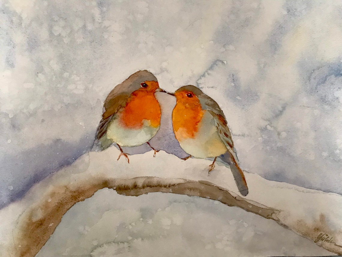 Two European Robins on a Snowy Branch Winter Watercolor Poster