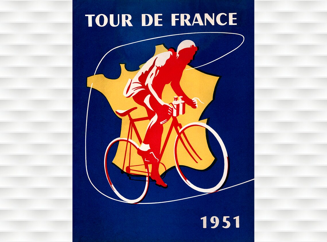 Tour de France 1951 Red Rider France Map Vintage Cycling Poster