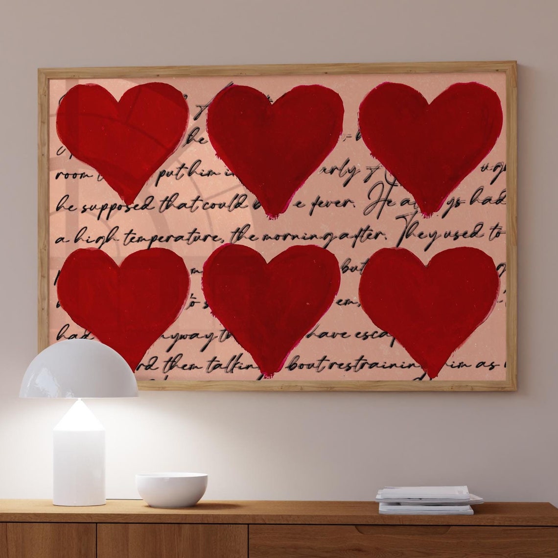 Six Large Red Painted Hearts Scripted Collage Horizontal Wall Art